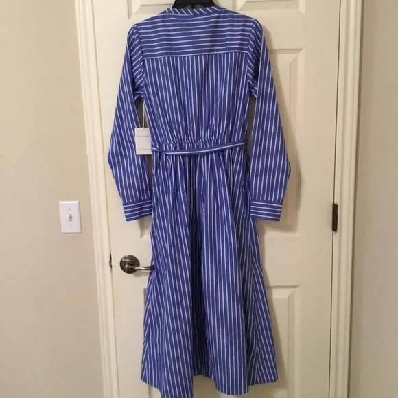 Free Assembly Pleated Cotton Midi Shirtdress Long Sleeves Blue Stripe Waist Tie - Picture 3 of 8